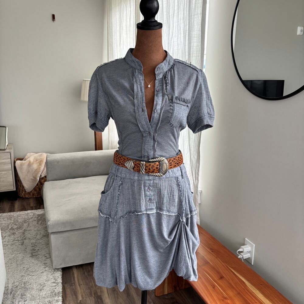 2000s Vintage Monoreno Blue Denim Look Drop Waist Dress Distressed Boho Small